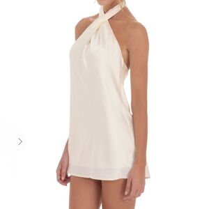 Elegant Satin Cross Halter Dress - Cream Small